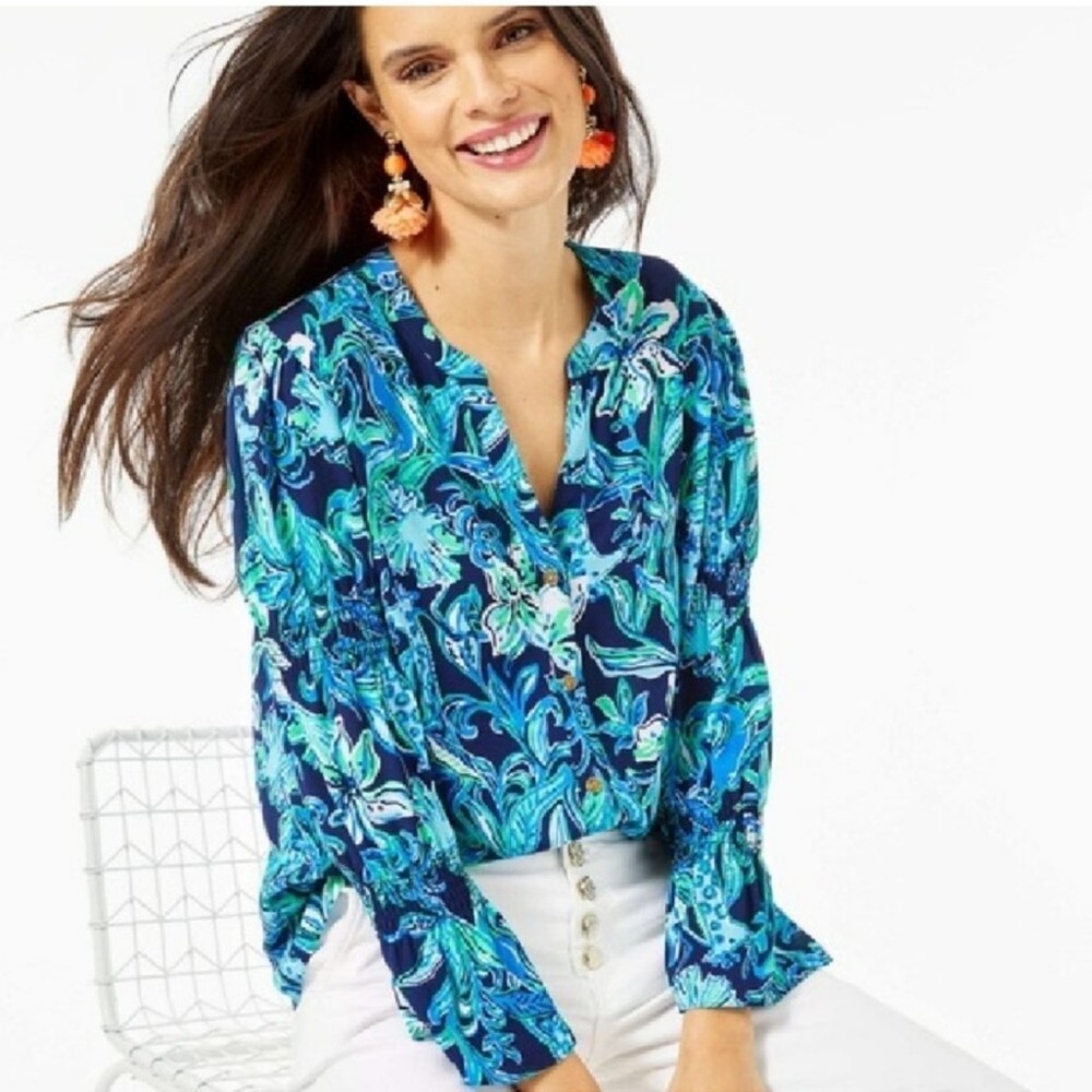 Lilly Pulitzer Maritza High Tide take it or Leaf it Blouse Top Shirt sz M